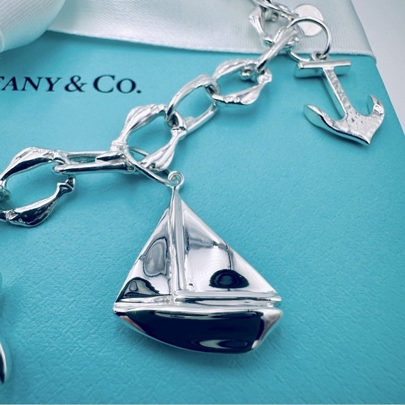 RARE Tiffany & Co. Nautical Charm Bracelet 7.25” Star Anchor Fish Boat Packaging - Picture 8 of 15